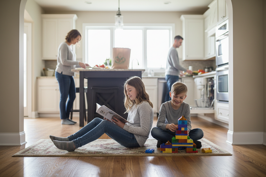 Children standing near everyday work, showing how childhood has drifted away from real life