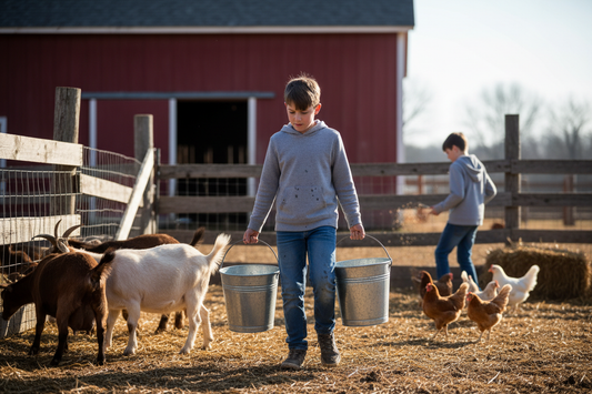 A child engaged in real work that has a clear purpose—building, repairing, preparing food, caring for animals, or organizing tools. The task looks useful, not staged.