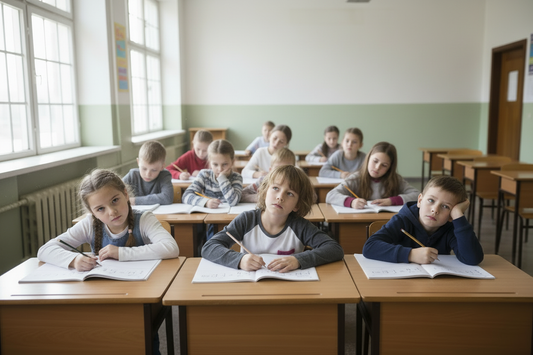 A classroom with children of the same age seated in neat rows. Some look engaged, others distracted or uneasy. Everyone is doing the same task at the same time, despite visible differences in readiness and focus