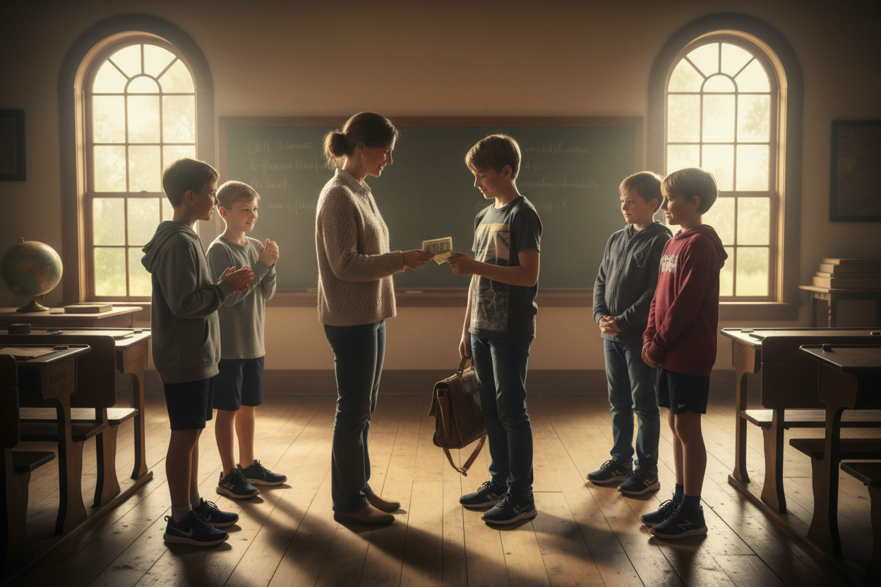 A guide hands a paper money to a preteen. The setting feels routine and respectful, signaling recognition for effort and responsibility. The setting is inside a one room schoolhouse. The people are wearing everyday clothing. Preteens are around in a circle. 