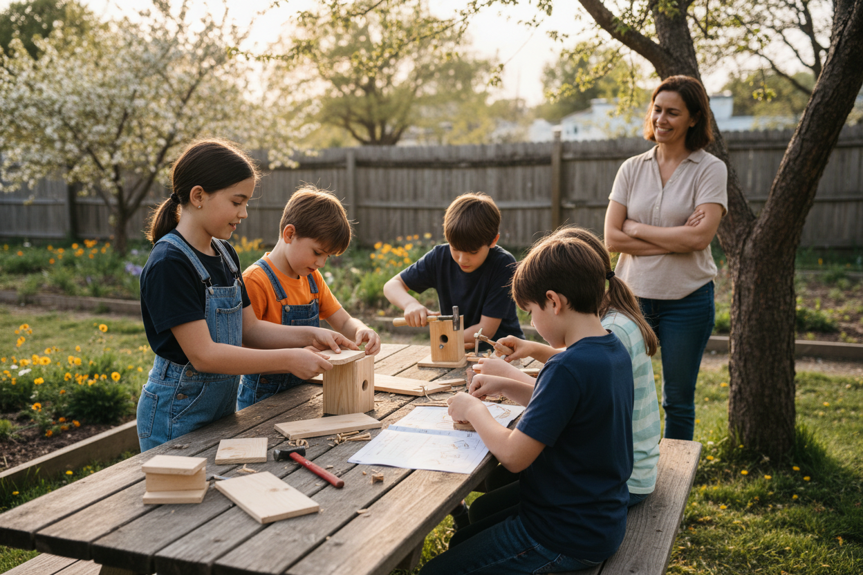 A small group of preteens outdoors working on a simple project, with an adult nearby offering guidance without directing every step.