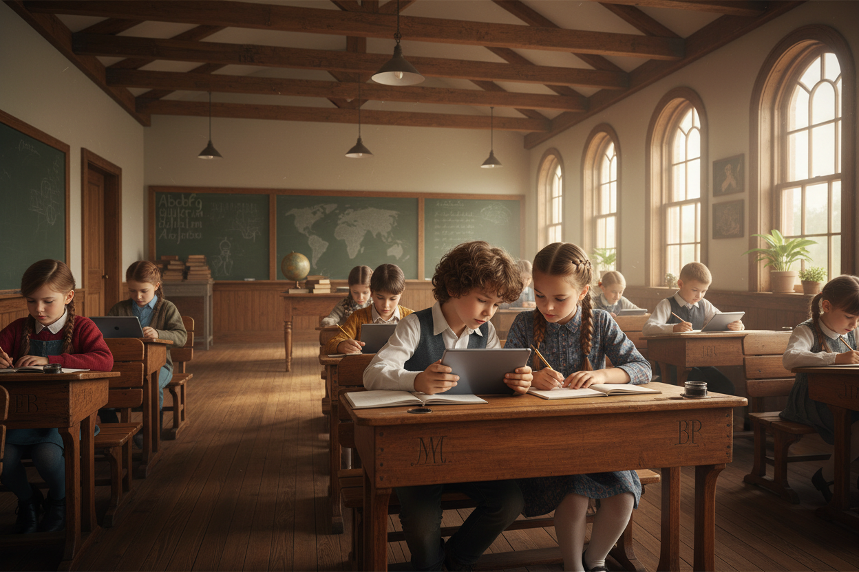 children-are-seated-at-a-old-style-classroom-desk-working-quietly-on-tablets-and-notebooks-in-a-bright-open-classroom-two-children-sit-near-each-other-as-accountability-partners-focus.Inside a one room schoolhouse.