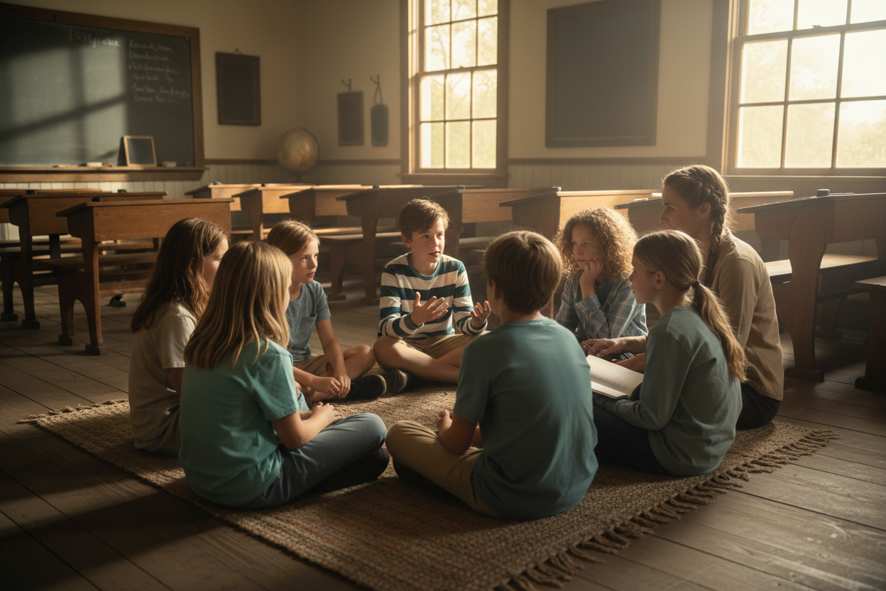 Children sit together in a small circle at the end of the day, talking calmly with one another. A guide sits with them, listening and asking questions rather than leading the conversation. Some children gesture or speak while others listen attentively. The setting feels quiet and reflective, signaling the close of the learning day. Setting is in a one room schoolhouse