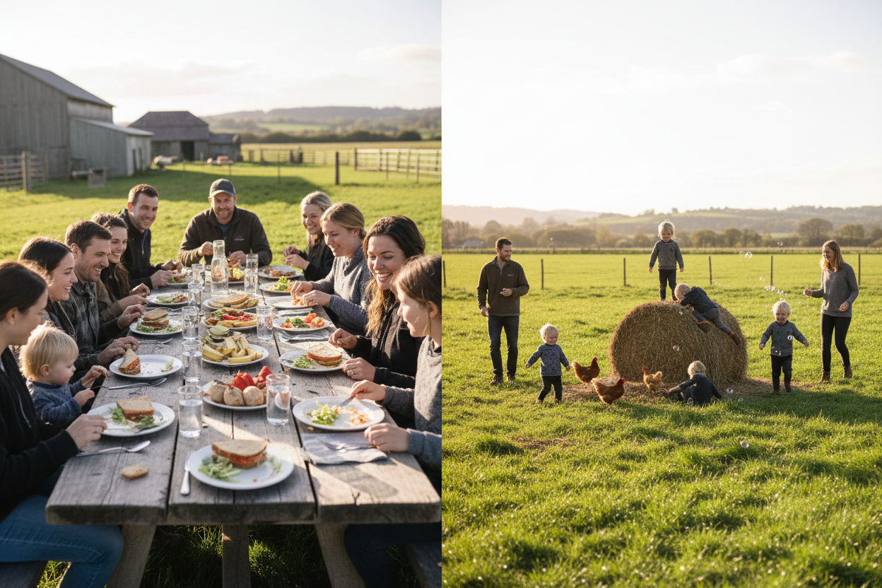 Parents and Children sit together at a long table eating lunch and talking casually. Afterward, children are outside on the farm walking, playing, and moving freely in open space. There is no structured activity or instruction visible—just natural play and conversation. The setting feels relaxed and social, with the farm in the background.
